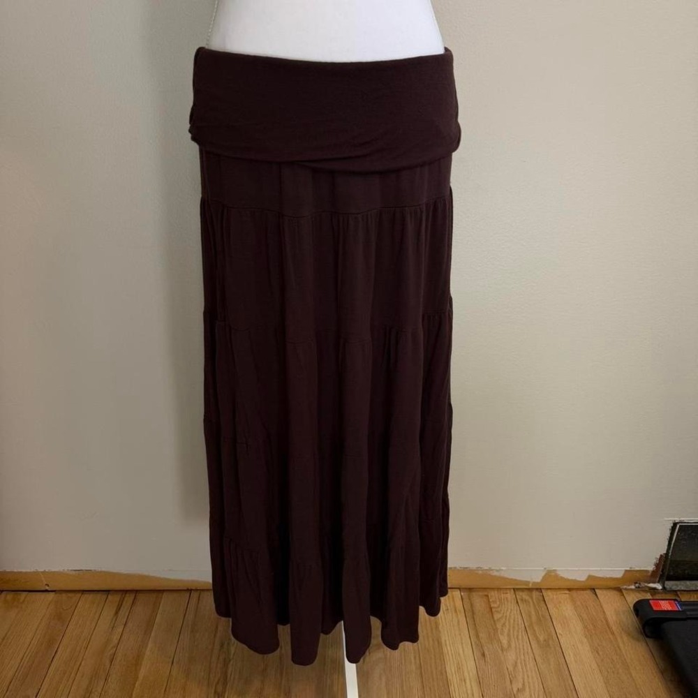 VTG Chocolate Brown Fold Over Waistband Tiered Maxi Skirt Sz M Y2k Cottagecore